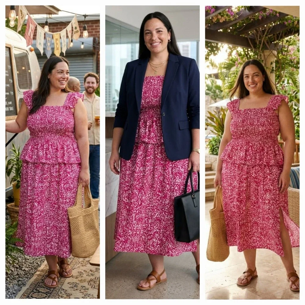 2-Piece Skirt Set 2X Pink Floral Smocked Top Pockets Boho Cottage Resort Office